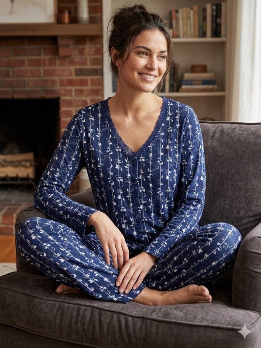 Maidenform Pajama Set Medium Navy Blue Floral Lace Trim Knit Top Pants NWT
